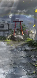 Rooftop shrine with urban rain backdrop.