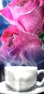 Dew-kissed pink roses with a steaming coffee cup on blue.