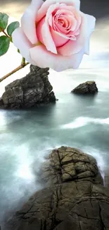 Delicate pink rose over serene ocean rocks.