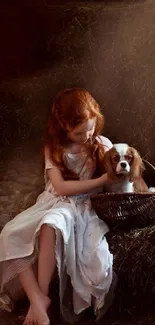 Girl in white dress with dog in basket, rustic setting.