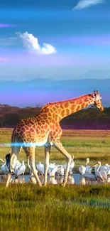 Giraffe walking through scenic savannah with a vibrant blue sky backdrop.