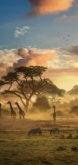 Safari landscape with giraffes and zebras at sunrise.