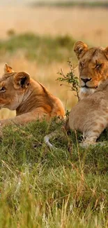 Two lions resting in a grassy savannah.