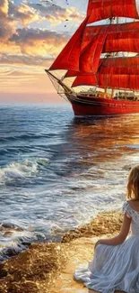 Red sailboat on ocean at sunset with a girl sitting on the shore.