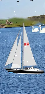 Sailboat on a serene blue lake with swans and gentle hills.