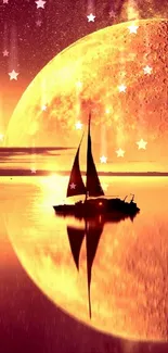 Sailboat reflected under a glowing moonlit sky with serene waters.