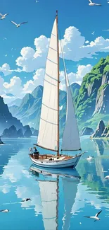 Sailboat gliding on peaceful blue waters with mountains.