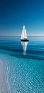 Sailboat gliding on calm blue ocean under clear sky.