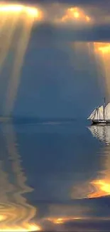 Sailboat gliding under rays of sunlight on calm reflective waters.