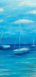 Wallpaper of sailboats on calm blue sea with serene sky.