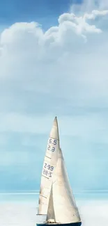 Sailing boat on a calm sea with a blue sky backdrop.