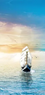 Serene sailing ship on calm ocean with a colorful sky backdrop.