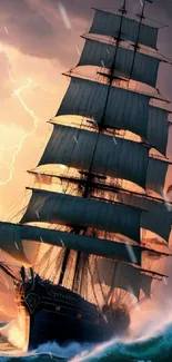 Majestic sailing ship on ocean waves with dramatic sky and lightning.