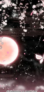 Artistic wallpaper of sakura blossoms and glowing moon with butterflies.