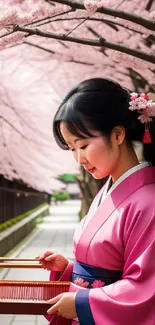 Woman in pink kimono surrounded by cherry blossoms.