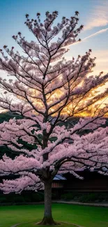 Serene cherry blossom tree at sunset in a tranquil park.