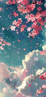 Serene mobile wallpaper with pink sakura blossoms in a dreamy sky background.