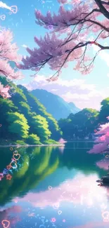 Serene lake with sakura blossoms and lush greenery under blue sky.