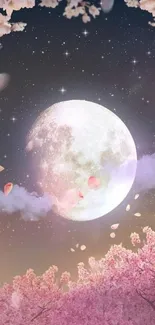 Moonlit cherry blossom scene with stars.