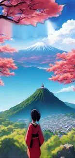 Serene mountain with cherry blossoms and traditional-dressed figure.