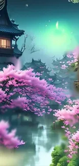 Serene cherry blossom nightscape with teal sky.