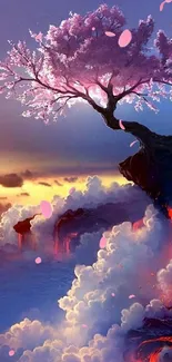 Enchanting sakura tree on cliff at sunset.