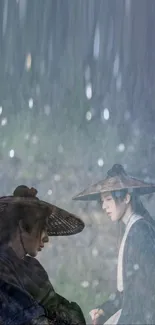 Mobile wallpaper featuring samurai in serene rain.