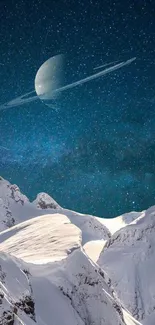 Mobile wallpaper of Saturn above snowy mountains under starry sky.