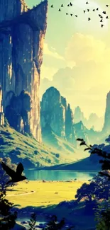 Serene mountainous landscape with vivid colors and fantasy elements.