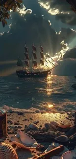 Sailing ship at sunset with ocean view.