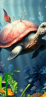 Illustration of a sea turtle swimming underwater.