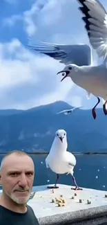 Man and seagulls by the ocean with blue sky.