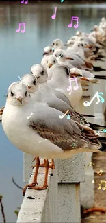 Serene seagulls aligned along a waterfront rail creating a peaceful scene.