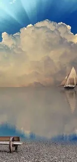 Sailing boat reflected on serene waters under fluffy clouds and blue sky.