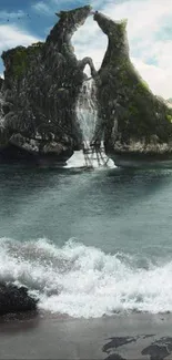 Serene seascape with dramatic rock formations and waves.