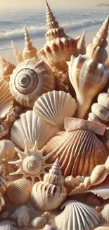 Seashells on a sunlit beach creating a serene coastal wallpaper.