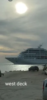 Sunset view of a cruise ship near the coast