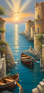 Serene village with boats and sunrise over water.