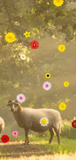 Peaceful sheep in meadow with colorful blossoms under dappled sunlight.