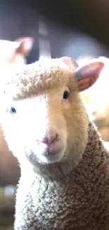 Sheep in a sunlit barn with a peaceful setting.