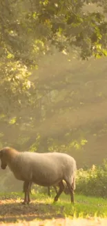 Sheep standing in a sunlit forest path, surrounded by greenery.