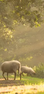 Sheep grazing in a sunlit forest with greenery and soft sunlight filtering through trees.