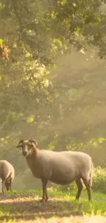 Sheep in a sunlit forest pathway, capturing tranquility.