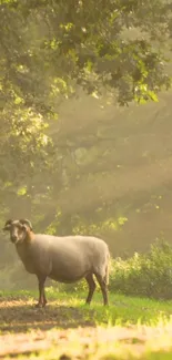 Sheep grazing in a sunlit forest clearing, surrounded by lush greenery.