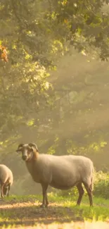 Two sheep standing on a sunlit forest path with lush greenery.