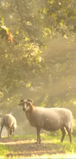 Sheep grazing in a sunlit forest path with lush greenery.