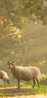 Peaceful sheep graze on a sunlit forest path.