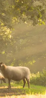 Sheep graze in a sunlit forest, creating a serene natural scene.