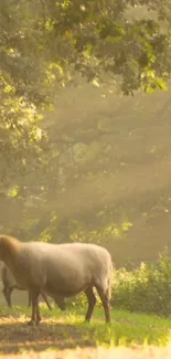 Peaceful sheep in a sunlit meadow with lush, green surroundings.