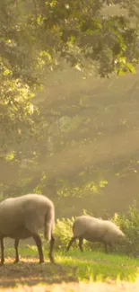 Serene meadow with sheep grazing under sunlit trees.